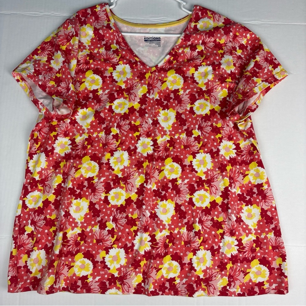 Basic Editions Women's 2X Shirt Floral Modern Fit Bright Colorful V-Neck Stretch